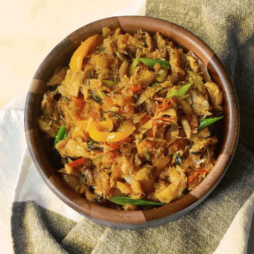 Bowl of prepared Saltfish - Alphanso Afro-Caribbean Foods Bowl of prepared Saltfish