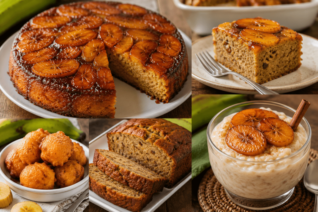 Collage of banana desserts: caramel-topped banana cake, banana bread slices, muffins, and creamy banana pudding with a cinnamon stick