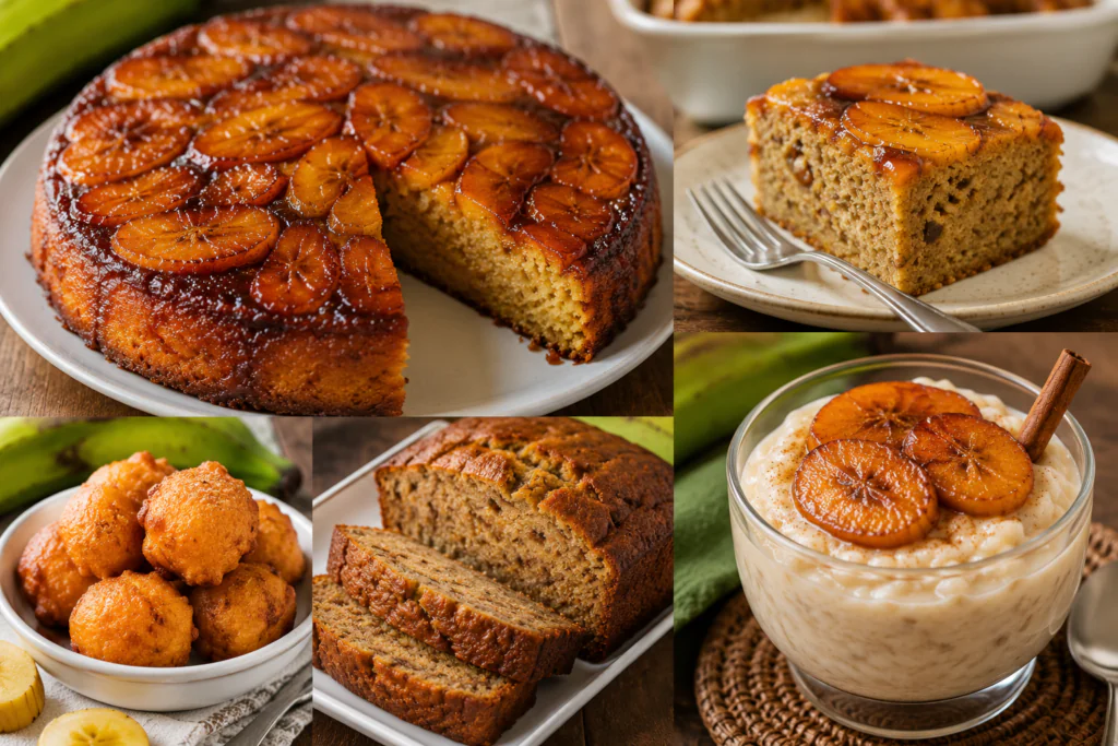 Collage of banana desserts: caramel-topped banana cake, banana bread slices, muffins, and creamy banana pudding with a cinnamon stick