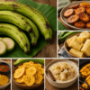 Collage of banana and plantain dishes: fresh plantains, fried plantain slices, plantain chips, banana chunks, tostones, and grilled plantains.