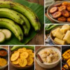 Collage of banana and plantain dishes: fresh plantains, fried plantain slices, plantain chips, banana chunks, tostones, and grilled plantains.