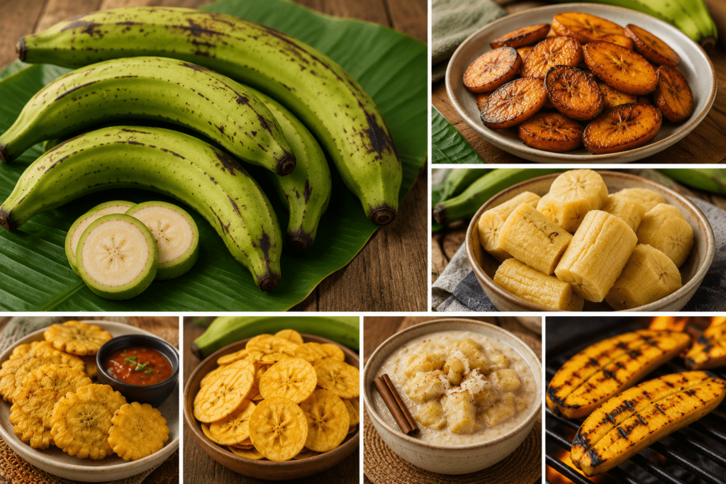 Collage of banana and plantain dishes: fresh plantains, fried plantain slices, plantain chips, banana chunks, tostones, and grilled plantains.