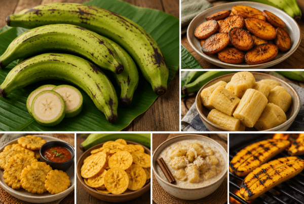 Collage of banana and plantain dishes: fresh plantains, fried plantain slices, plantain chips, banana chunks, tostones, and grilled plantains.