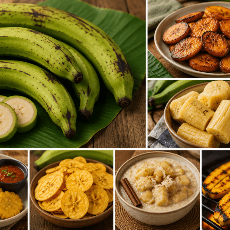 Collage of banana and plantain dishes: fresh plantains, fried plantain slices, plantain chips, banana chunks, tostones, and grilled plantains.