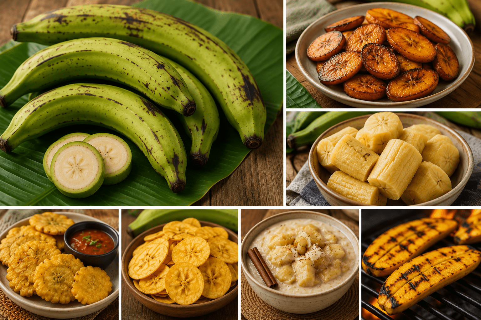 Collage of banana and plantain dishes: fresh plantains, fried plantain slices, plantain chips, banana chunks, tostones, and grilled plantains.