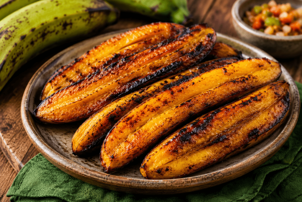 Four caramelized roasted plantains on a rustic plate with charred edges and a green napkin nearby